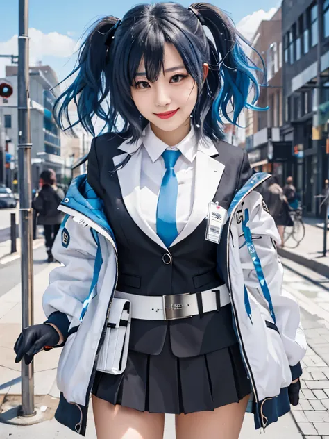 masterpiece, hd, realistic, cosplayer, 1girl, yuuka \(blue archive\), solo, blue necktie, two-sided coat, blue hair, (blue hair:...