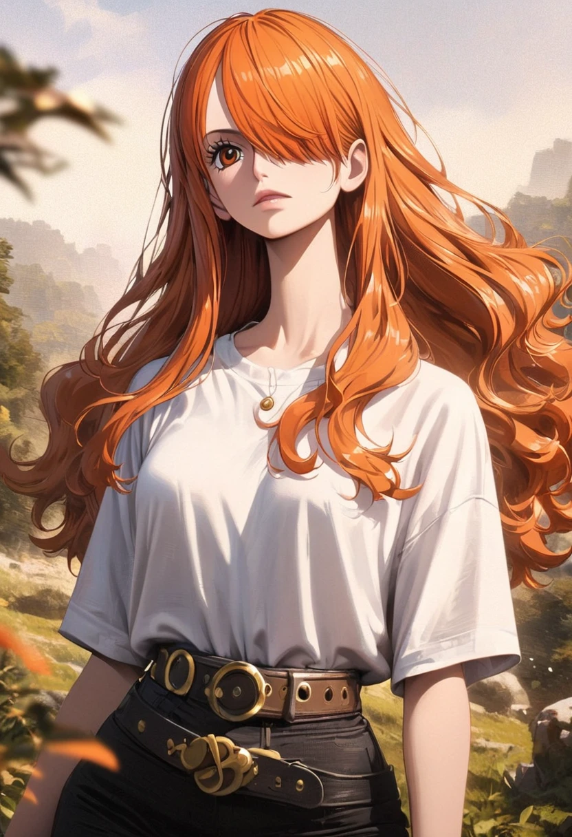 masterpiece, best quality), intricate details, 1 girl, woman, orange hair, nami \ (one piece\), (long hair), shirt, ((white shirt, black pant, black court)) female focus, nature, scenery, upper body, ((front view)) ((close up shot)) ((solo)) ((hair over one eyes)) detailed, very high resolution, no blurry image, full body, orange eyes, sligh wavy hair, ((nami from one piece)) ((female nami from one piece)), (((straight hair)) ((front view))