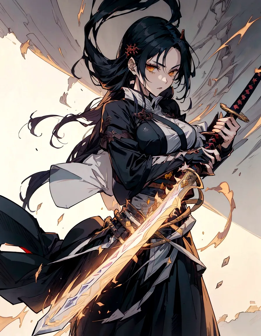 anime girl with a sword and a black dress, handsome guy in demon slayer art, demon slayer rui fanart, she is holding a katana sw...