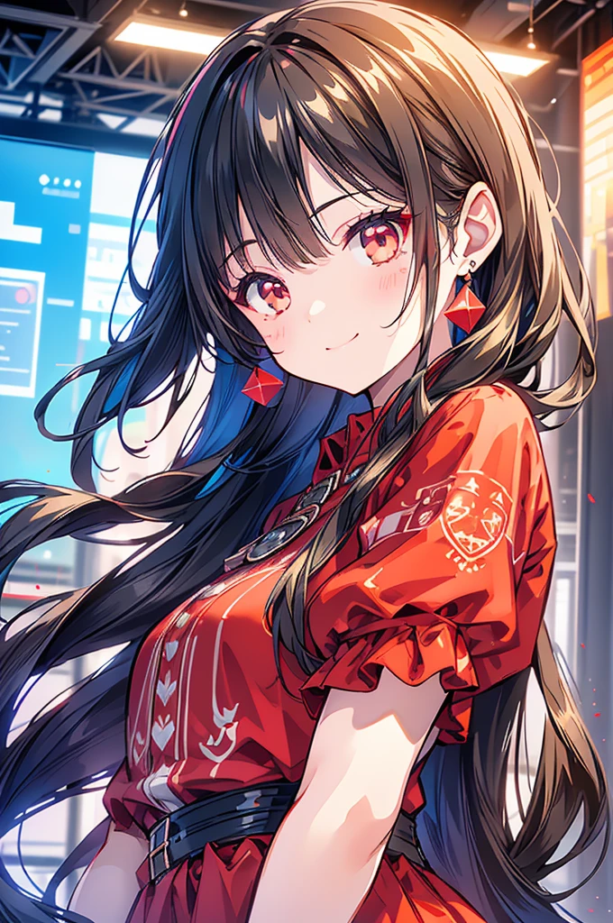 beautiful detailed girl, 1 girl, long black hair, extremely cute anime girl, short hair, almond-shaped eyes, beautiful red eyes, cool expression, smiling, red and black color scheme, mini skirt, full body, extremely detailed eyes and face, (best quality,8k,highres,masterpiece:1.2),ultra-detailed,(realistic,photorealistic,photo-realistic:1.37),digital painting,studio lighting,sharp focus,vibrant colors