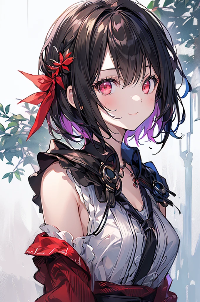 (masterpiece, highest quality, highest quality, (No text), Beautiful and aesthetic:1.2),No text,アニメ、BREAK,One Girl，Black Hair Girl　short hair　Tree Eyes　Beautiful eyes　Red eyes　cool　smile　Red and Black　mini skirt　Whole body