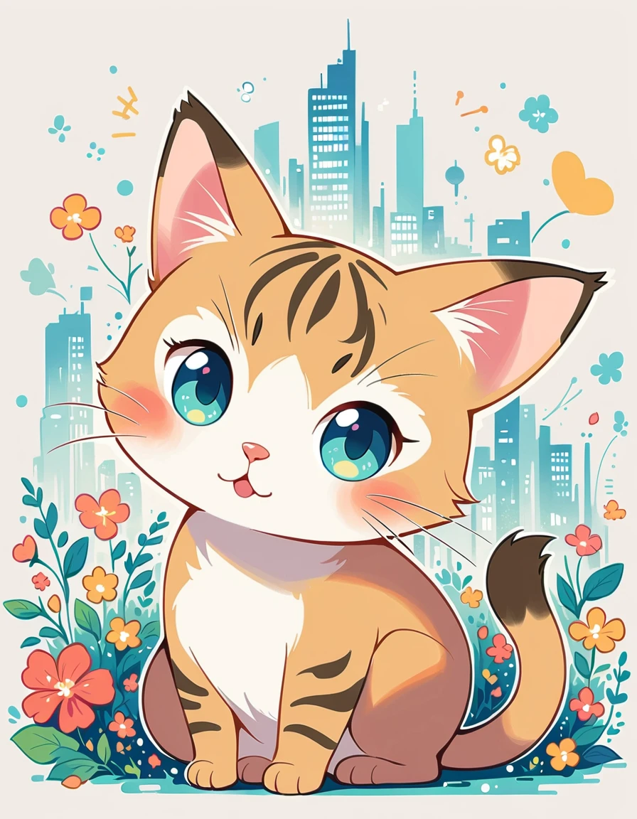 Mel style cat, Standing in front of a high wall，simple line acronym，abstraction，City background, (((The most beautiful cat))), Colorful flowers