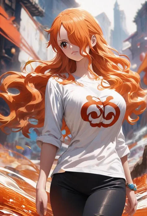 masterpiece, best quality), intricate details, 1 girl, woman, orange hair, nami \ (one piece\), (long hair), shirt, ((white shir...