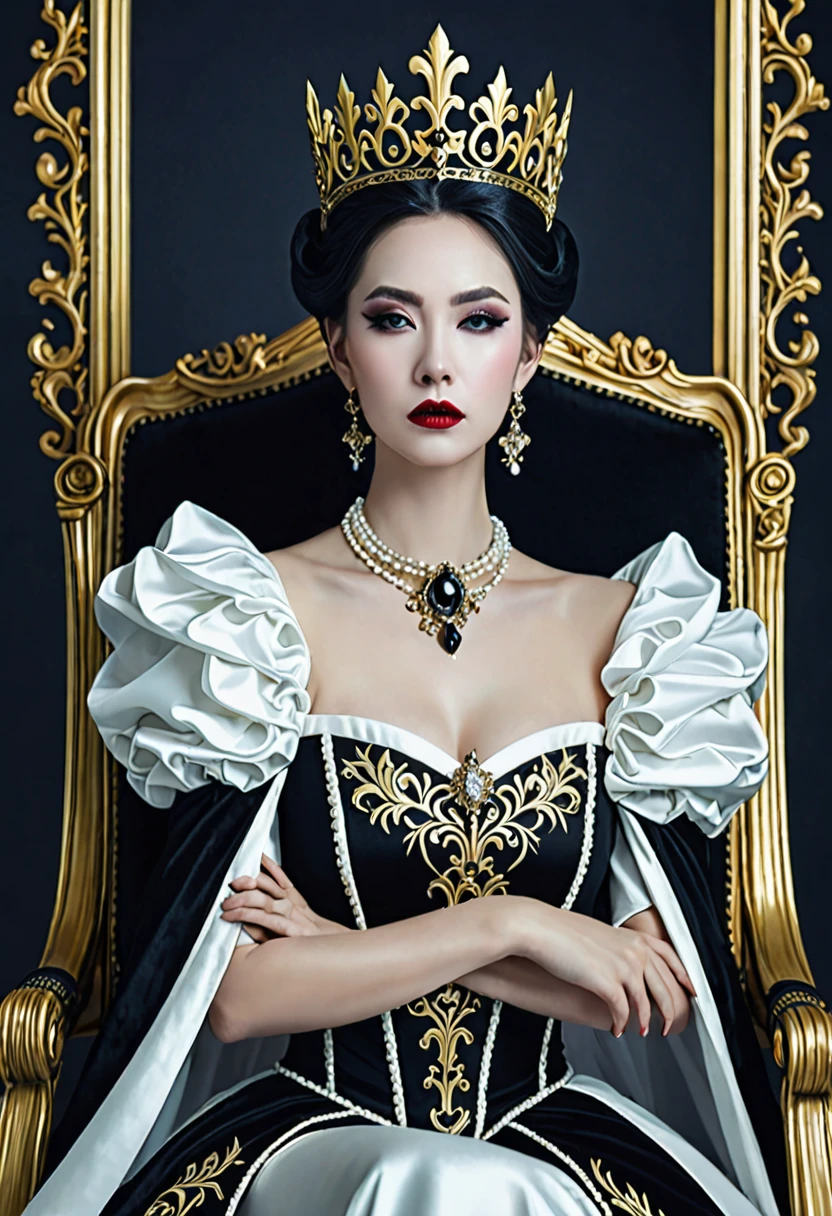 Woman wearing a black and white dress and a gold crown, beautiful fantasy empress, ((beautiful fantasy empress)), Gothic Regal, Rococo Queen (Rococo Queen), royal elegant pose, gothic princess portrait, Beautiful vampire female queen, Elegant Gothic princess, ornate cosplay, The Lovely Queen, beautiful and elegant devil queen, Guweiz masterpiece, Surreal Fantasy Tiara