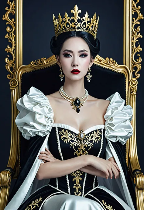 woman wearing a black and white dress and a gold crown, beautiful fantasy empress, ((beautiful fantasy empress)), gothic regal, ...