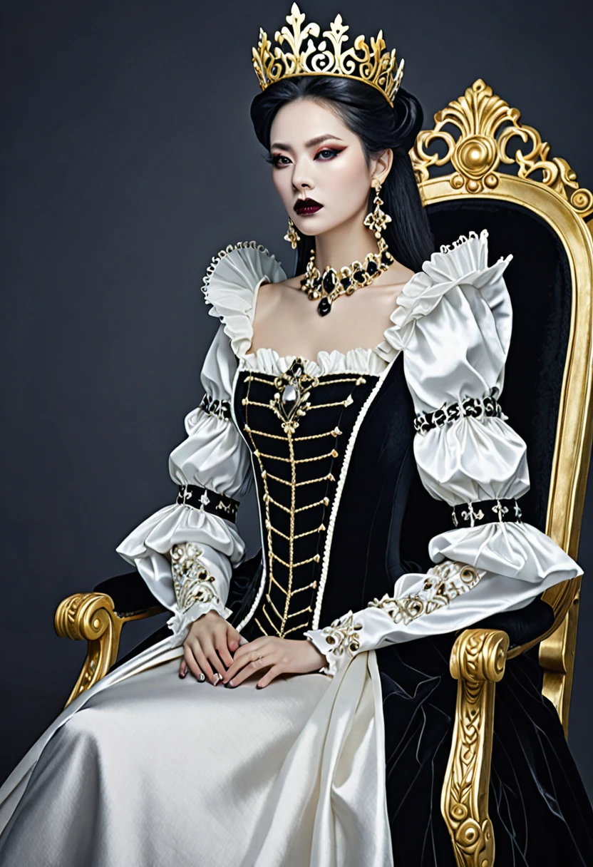 Woman wearing a black and white dress and a gold crown, beautiful fantasy empress, ((beautiful fantasy empress)), Gothic Regal, Rococo Queen (Rococo Queen), royal elegant pose, gothic princess portrait, Beautiful vampire female queen, Elegant Gothic princess, ornate cosplay, The Lovely Queen, beautiful and elegant devil queen, Guweiz masterpiece, Surreal Fantasy Tiara