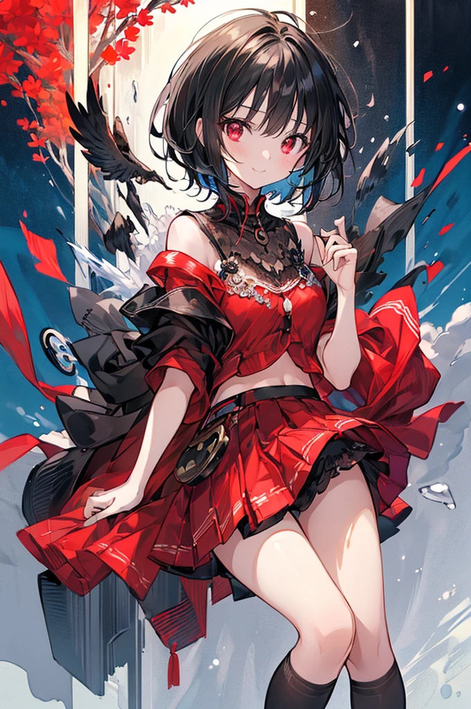 (masterpiece, highest quality, highest quality, (No text), Beautiful and aesthetic:1.2),No text,アニメ、BREAK,One Girl，Black Hair Girl　short hair　Tree Eyes　Beautiful eyes　Red eyes　cool　smile　Red and Black　mini skirt　whole body