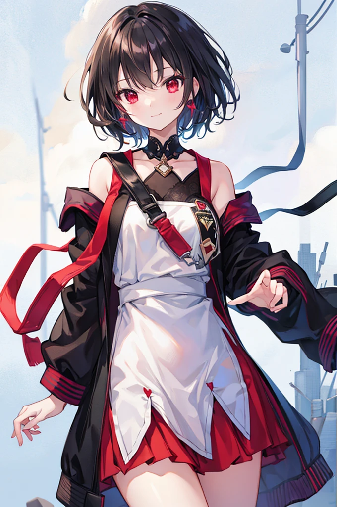 (masterpiece, highest quality, highest quality, (No text), Beautiful and aesthetic:1.2),No text,アニメ、BREAK,One Girl，Black Hair Girl　short hair　Tree Eyes　Beautiful eyes　Red eyes　cool　smile　Red and Black　mini skirt　whole body　In town