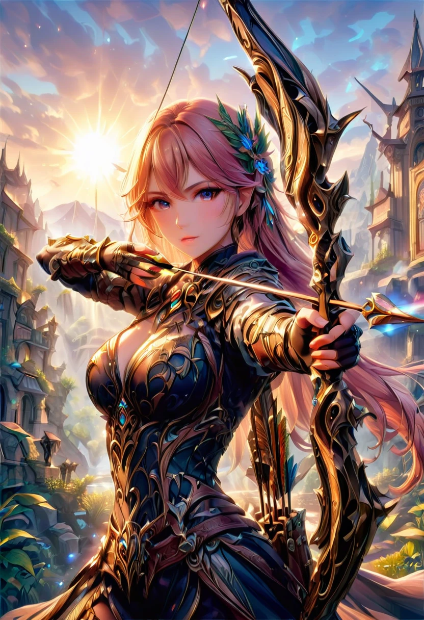 a watercolor illustration of a exquisite beautiful female archer, (silhouette artwork: 1.3), ready for action as the sun rises, fantasy art, ), sun rising behind the archer, ready to act,  ultra feminine, with a long curvy hair, dynamic bow, sting drawn to the cheek , arrow ready to be shot, (arrow tip glimmers: 1.1), sunrays, divine rays, high details, best quality, 16k, [ultra detailed], masterpiece, best quality, (extremely detailed), dynamic angle, Aiming a Bow, bow (weapon), Aiming a Bow