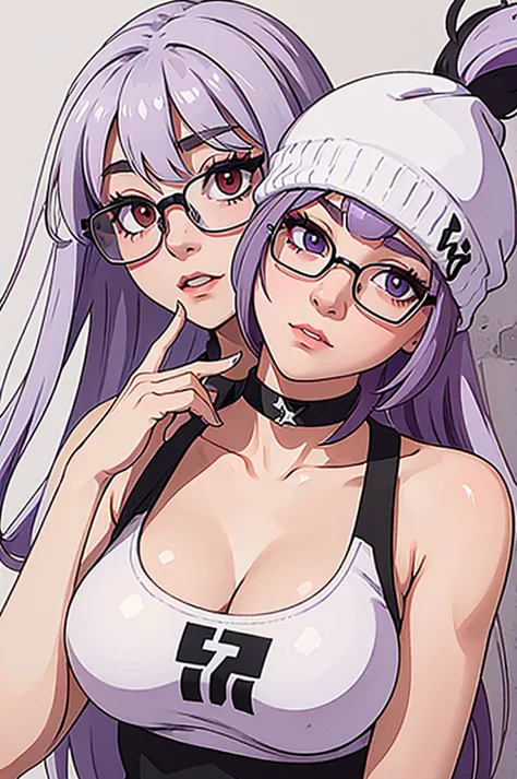 girl, white beanie, light purple hair, red eyes, glasses, black tanktop, choker, breasts