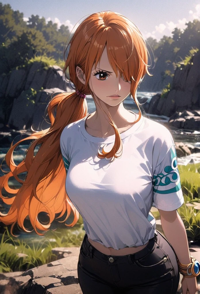 masterpiece, best quality), intricate details, 1 girl, woman, orange hair, nami \ (one piece\), (long hair), shirt, ((white shirt, black pant, black court)) female focus, nature, scenery, upper body, ((front view)) ((close up shot)) ((solo)) ((hair over one eyes)) detailed, very high resolution, no blurry image, full body, orange eyes, sligh wavy hair, ((nami from one piece)) ((female nami from one piece)), (((straight hair)) ((front view)) ((low ponytail))