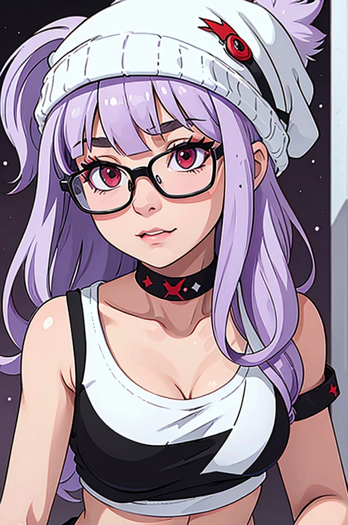 girl, white beanie, bangs, light purple hair, red eyes, glasses, black tanktop, choker, breasts