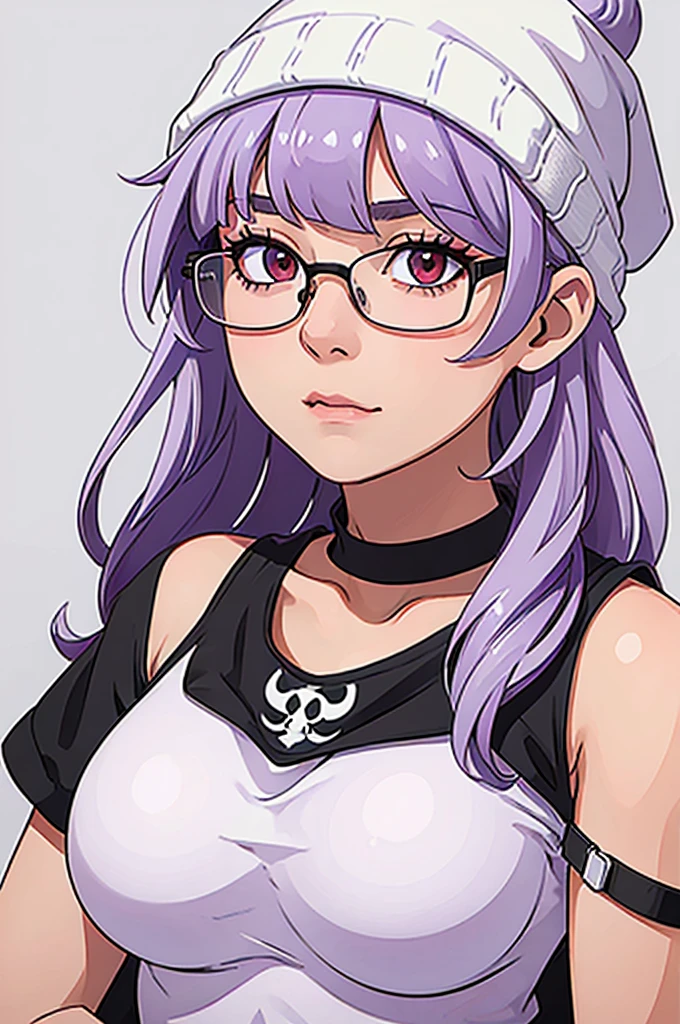 girl, white beanie, bangs, light purple hair, red eyes, glasses, [black tanktop], choker, breasts