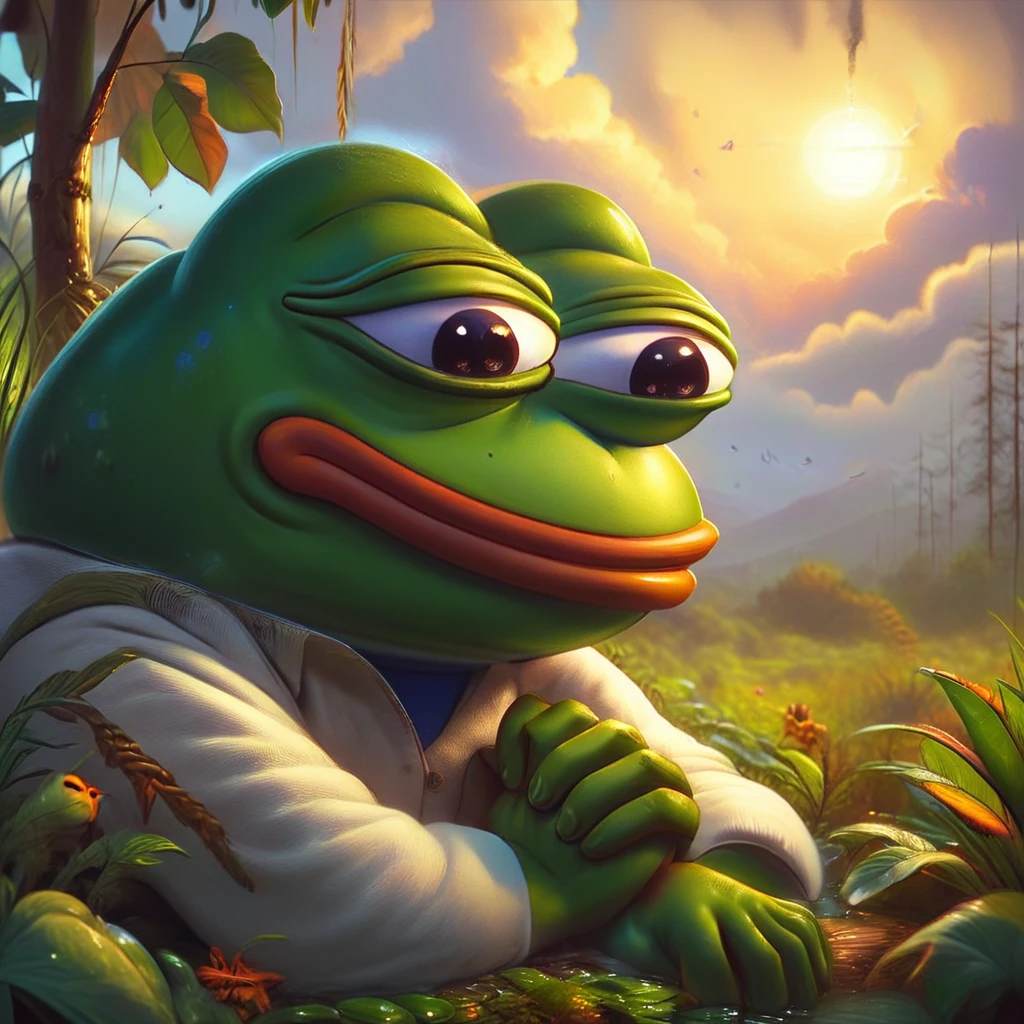 a sleepy pepe the frog, green frog character, cute cartoon animal, digital painting, hyper realistic, highly detailed, 8k, photorealistic, cinematic lighting, lush vegetation background, warm color tones, ambient occlusion, volumetric fog, depth of field, masterpiece