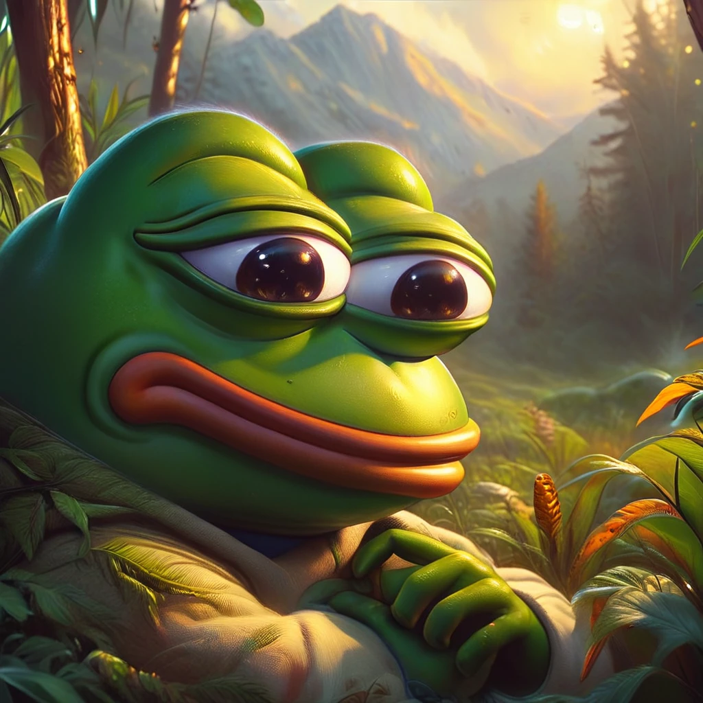 a sleepy pepe the frog, green frog character, cute cartoon animal, digital painting, hyper realistic, highly detailed, 8k, photorealistic, cinematic lighting, lush vegetation background, warm color tones, ambient occlusion, volumetric fog, depth of field, masterpiece