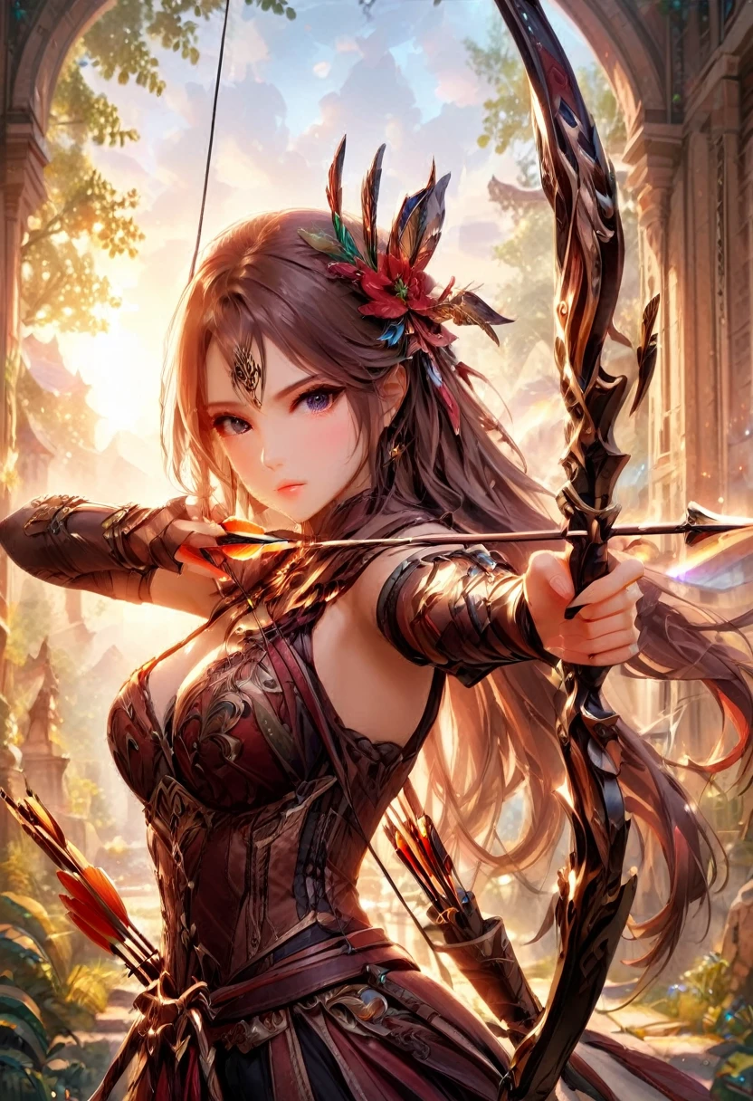 a watercolor illustration of a exquisite beautiful female archer, (silhouette artwork: 1.3), ready for action as the sun rises, fantasy art, ), sun rising behind the archer, ready to act,  ultra feminine, with a long curvy hair, dynamic bow, sting drawn to the cheek , arrow ready to be shot, (arrow tip glimmers: 1.1), sunrays, divine rays, high details, best quality, 16k, [ultra detailed], masterpiece, best quality, (extremely detailed), dynamic angle, Aiming a Bow, bow (weapon), Aiming a Bow