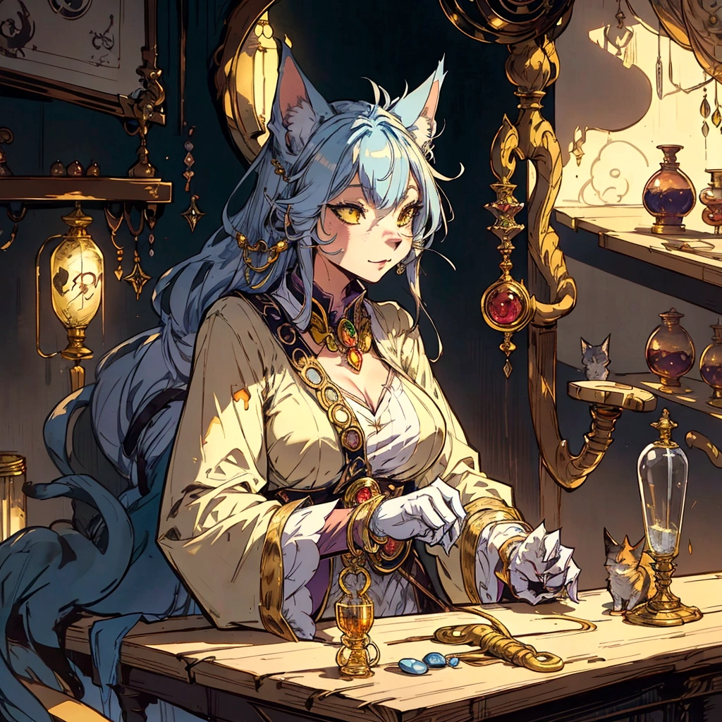 anime cat sitting at a table with a lot of jewelry, an anthro cat, by Cynthia Sheppard, anthro cat, anthropomorphic female cat, furry fantasy art, elegant cat, anthropomorphic cat, by Yang J, anthro art, professional concept art, very very beautiful furry art, fantasy alchemist laboratory, he is in a alchemist lab