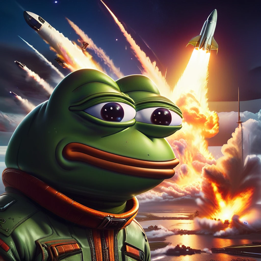 A highly detailed, photorealistic, 4k digital art illustration of Pepe the Frog watching the launch of Elon Musk's rocket, dynamic and dramatic composition, glowing rocket exhaust, vibrant colors, cinematic lighting, intricate textures, masterfully rendered, hyperrealistic, cinematic atmosphere, compelling narrative