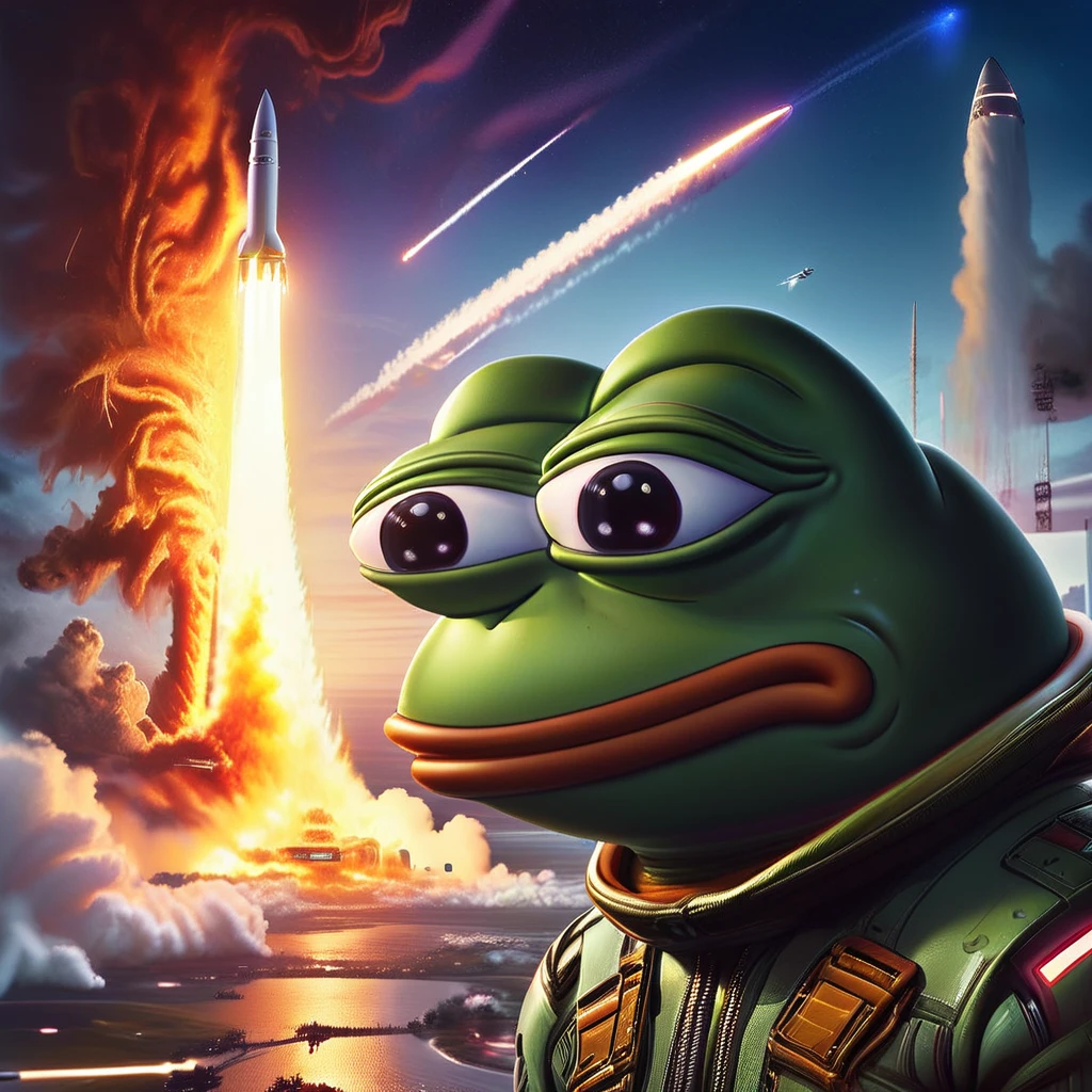 A highly detailed, photorealistic, 4k digital art illustration of Pepe the Frog watching the launch of Elon Musk's rocket, dynamic and dramatic composition, glowing rocket exhaust, vibrant colors, cinematic lighting, intricate textures, masterfully rendered, hyperrealistic, cinematic atmosphere, compelling narrative