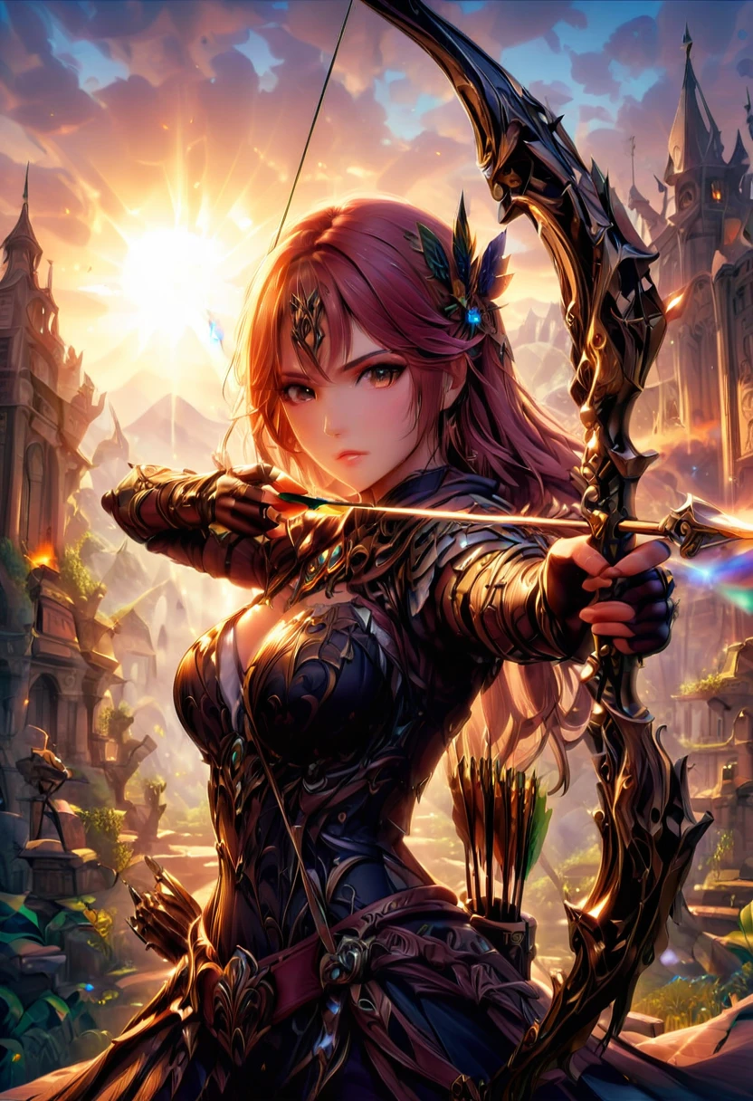a watercolor illustration of a exquisite beautiful female archer, (silhouette artwork: 1.3), ready for action as the sun rises, fantasy art, ), sun rising behind the archer, ready to act,  ultra feminine, with a long curvy hair, dynamic bow, sting drawn to the cheek , arrow ready to be shot, (arrow tip glimmers: 1.1), sunrays, divine rays, high details, best quality, 16k, [ultra detailed], masterpiece, best quality, (extremely detailed), dynamic angle, Aiming a Bow, bow (weapon), Aiming a Bow