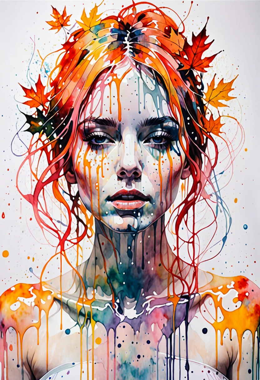 (NSFW:0.9), uma mulher de Agnes Cecile, design luminoso, cores pastel, gotas de tinta, luzes de outono