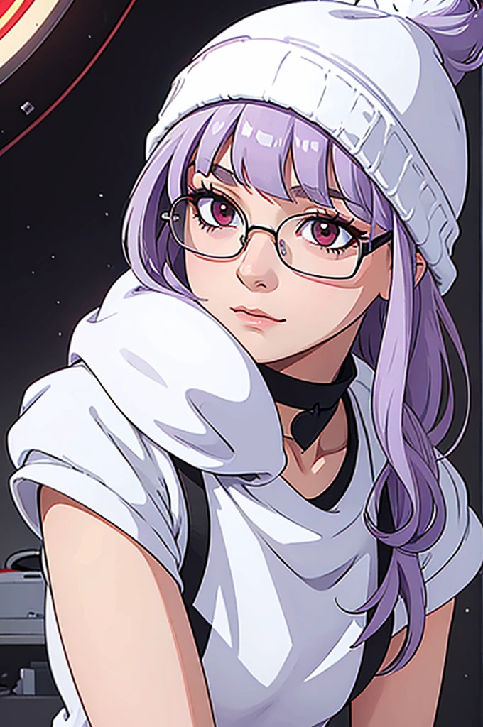 girl, white beanie, bangs, light purple hair, red eyes, glasses, [black tanktop], choker,