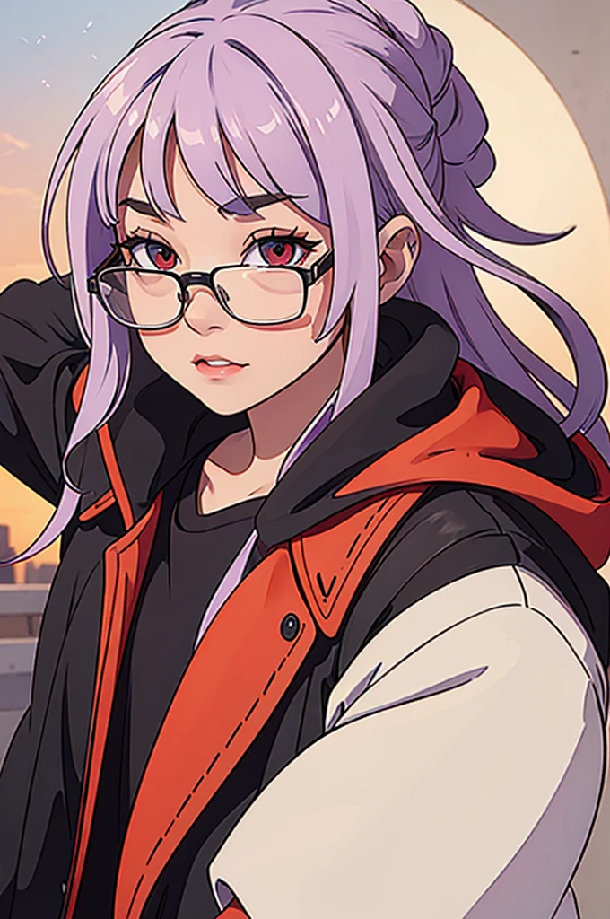 girl, white beanie, bangs, light purple hair, red eyes, glasses, black leather jacket