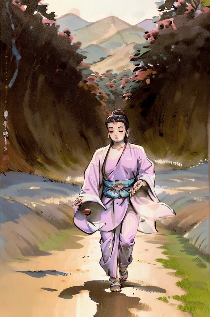 Create a high-quality digital artwork in the traditional Ukiyo-e style. The scene should depict a serene and joyful Buddha dancing on the back of a hippo running through a meadow. Capture the vibrant and delicate hues typical of Ukiyo-e prints. Ensure that Buddha's expression is very cheerful and serene, and pay close attention to fine details and textures to evoke the intricate craftsmanship