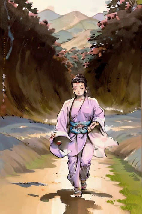 Create a high-quality digital artwork in the traditional Ukiyo-e style. The scene should depict a serene and joyful Buddha danci...