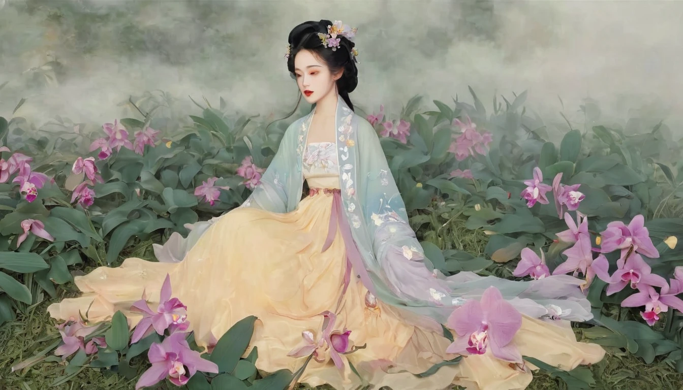 On a spring morning, A delicate orchid blooms in the garden, Exudes a light fragrance. In this sea of orchids, Girl wearing beautiful Hanfu, Her hair was adorned with beautiful floral ornaments., Bringing out the elegance of orchids. She stepped lightly on the soft grass, Touching the orchid petals with her delicate hands, It&#39;s like having a heart-to-heart conversation with the flowers.. The breeze caressed her sleeves, Like the peaceful notes of spring, Makes the scene even more beautiful and peaceful..Orchids swirl around the girl
(Dazzling atmosphere, Fascinating light, Luminous lighting, Ethereal atmosphere, Fascinating light, Evocative colors, Attractive colors, Dramatic Lighting, Enchanting aura), ((moon:1)), (masterpiece, Top quality, best quality, Official Art, beautiful and aesthetic:1.2), Extremely detailed,(Joshua Middleton Comic Cover Art:1.2), (action:1.3),(Concretism:1.3),Theatrical dance scenes,(Hyperpolarization:1.5),rich and colorful,The most detailed,
xdgb style