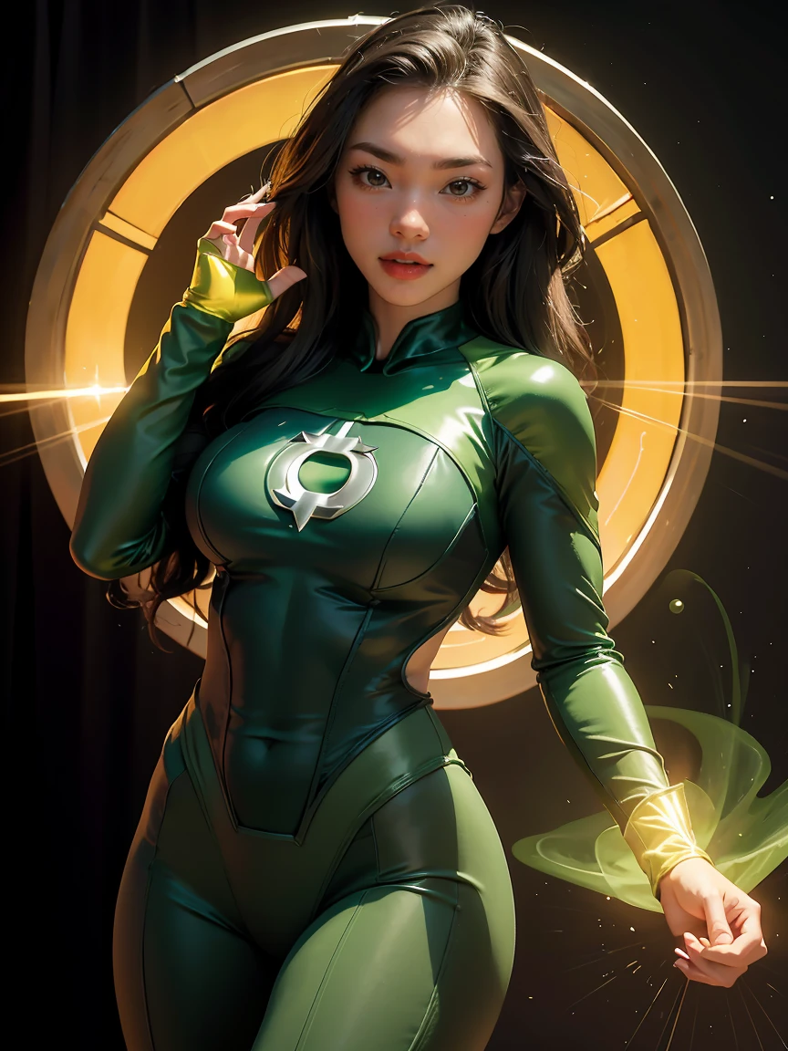 A beautiful woman in style,y Yellow Lantern (in English: Green Lantern) is a DC Comics superhero. Created by Martin Nodell and Bill Finger, the original Green Lantern was recast as a new superhero with the same name in the 1960s, the original character became known by the name his parents called Alan Scott and for a time adopted the identity from Sentinela (Brazil).
The current Green Lantern, founding member of the Justice League of America. This time, she helped cement the new Green Lantern as a popular hero, with a more cosmic theme.
lined lips, green bodysuit, covered navel, makeup,
muscular, tight skin, All green uniform, muscular female, green bodysuit, yellow bodysuit,
Looking at the Viewer, (medium breasts: 1.4), (hanging breasts: 1.3), (full breasts: 1.4), (realism: 1.5), (Realisitc: 1.4), (Absurdity: 1.4), 8k, ultra-detailed, Detailed beautiful woman, (Only one:1.4), 1girl, (Viewer facing:1.2), sexy,