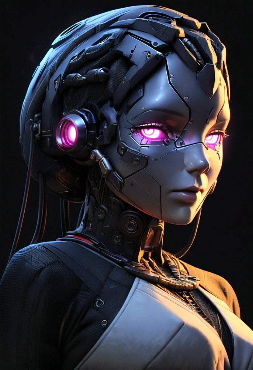 1mechanical girl,((ultra realistic details)), portrait, global illumination, shadows, octane render, 8k, ultra sharp,metal,intricate, ornaments detailed, cold colors, egypician detail, highly intricate details, realistic light, trending on cgsociety, glowing eyes, facing camera, neon details, machanical limbs,blood vessels connected to tubes,mechanical vertebra attaching to back,mechanical cervial attaching to neck,sitting,wires and cables connecting to head