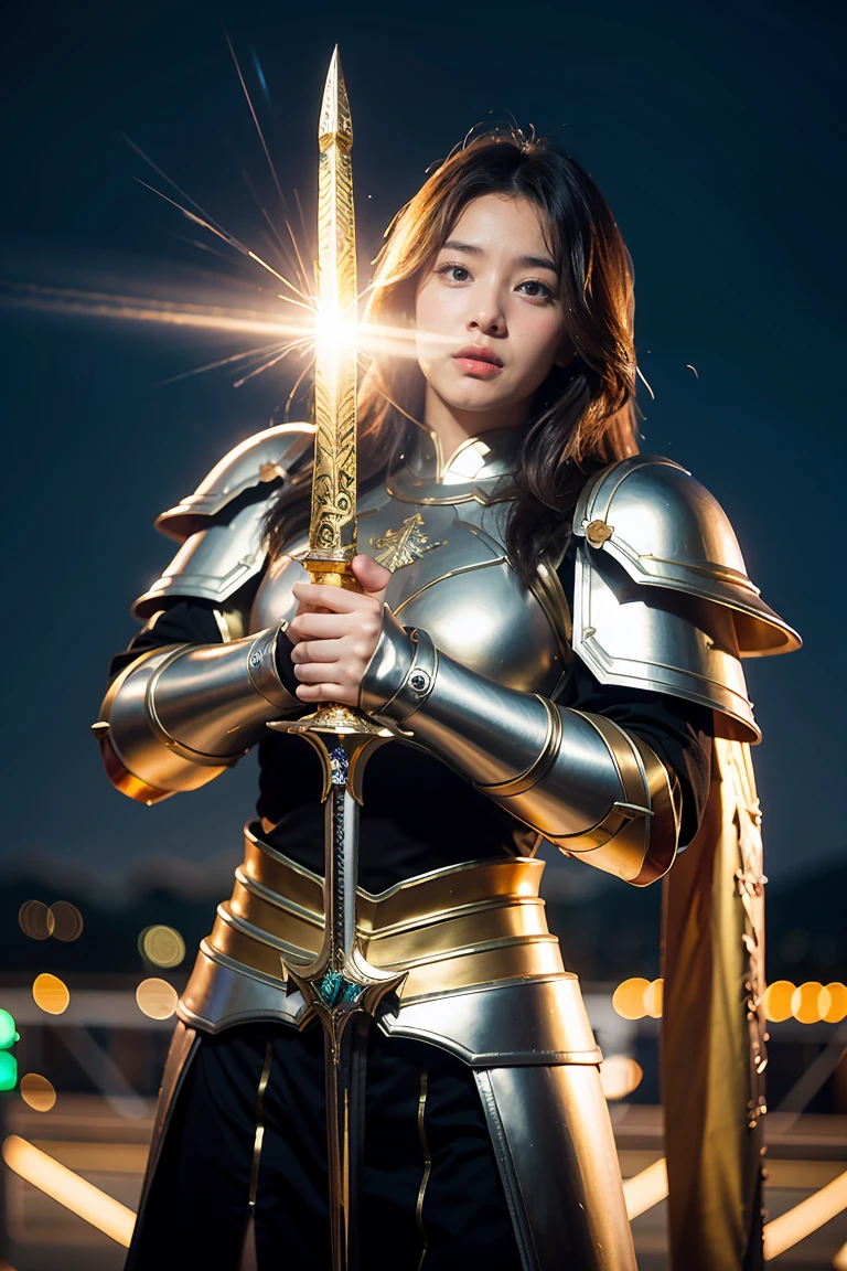 (masterpiece, best quality), A paladin holding a light infused sword, light magic, divine, magewave, silver and gold, 4k, dark cityscape, Fujifilm