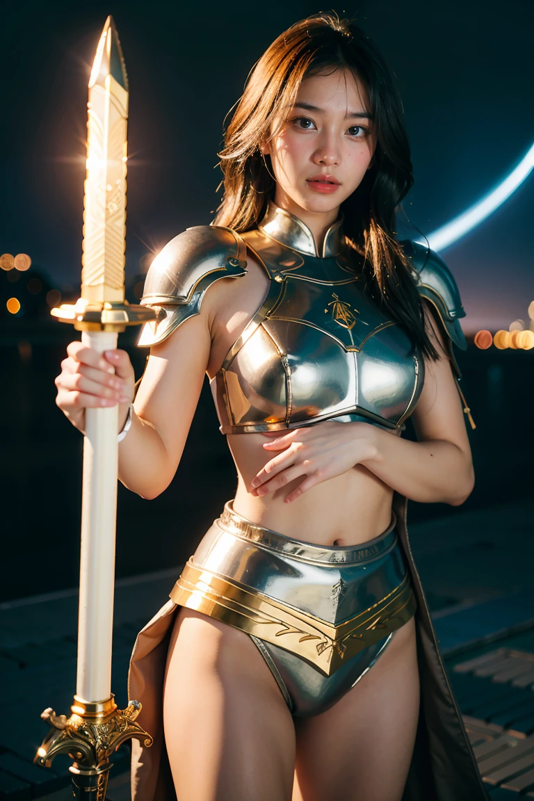 (masterpiece, best quality), A paladin holding a light infused sword, light magic, divine, magewave, silver and gold, 4k, dark cityscape, Fujifilm