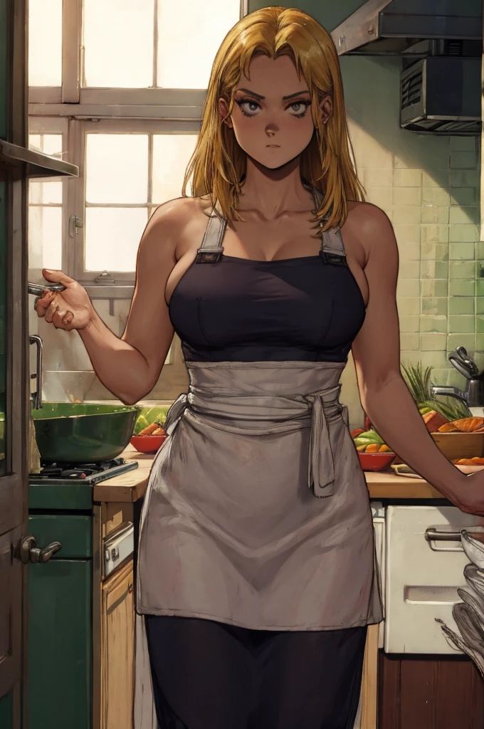 Estilo Dorohedoro, Erótico, pornografía, hentai, sexy chica rubia gruesa y musculosa, delantal de cocina blanco sobre un cuerpo femenino desnudo