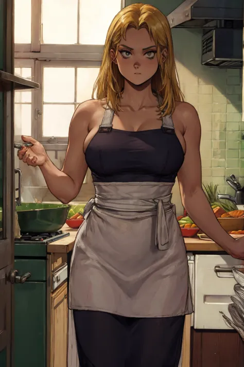 Dorohedoro Style, erotic, porn, hentai, sexy thick and muscle blonde girl, white kitchen apron on a naked female body