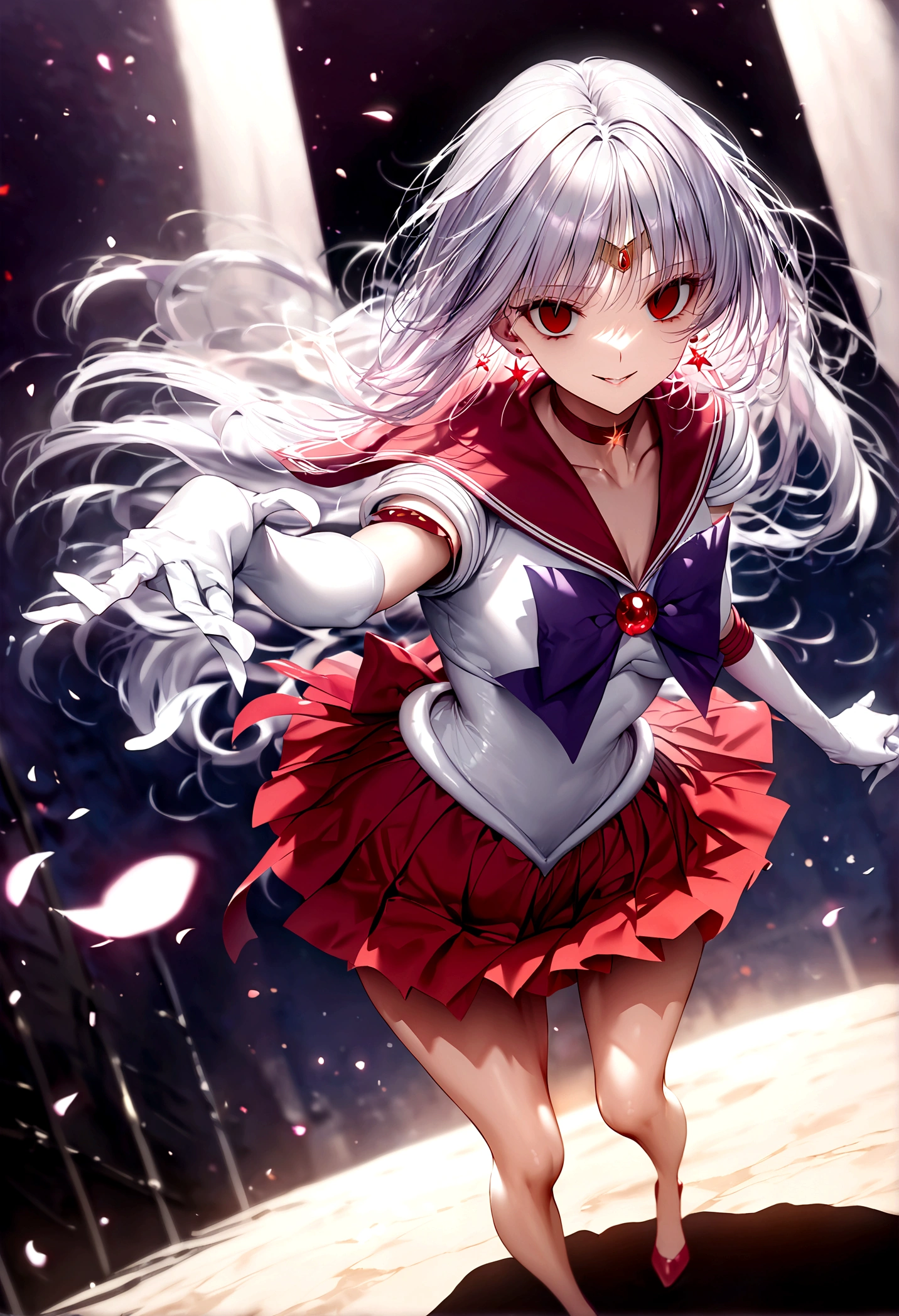 (masterpiece, Highest quality, so beautiful, Super detailed), Intricate details, 12k, Honestly, red eyes, Raamars, long hair, black hair, tiara, earrings, red choker, red sailor collar, purple bowtie, white shirt, elbow gloves, white gloves, pleated skirt, red skirt, bare legsAre standing, full body,,(evil smile:1.2), 1girl,(Silver Hair:1.4),(empty eyes,:1.4),from below,looking dawn,dark aura,View your viewers