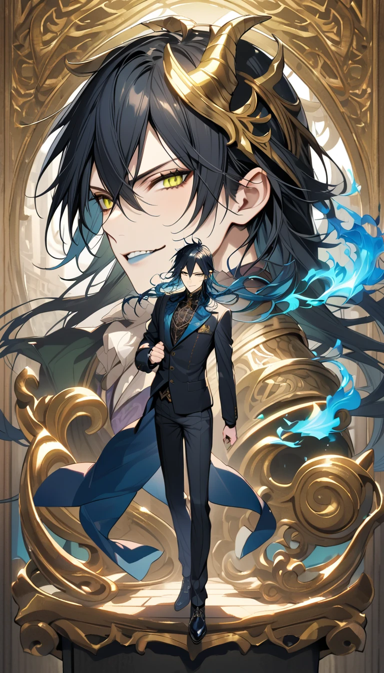 (pieces fly), (highest quality), very detailed, ((two men)), perfect face, beautiful face, very detailed face，full body shot, (black haired man:1.3)，(blue haired man:1.3)，suit，shirt，smile，flower, (1st boy,Idia Shroud, bishounen, boy, male, extremely long hair, blue hair, blue fire hair, wavy hair, yellow eyes, tired expression, blue lips, handsome, skinny, geeky, blue glow, shark teeth,) (2nd boy, malleus draconia \(twisted wonderland\) horns, bishounen, boy, male, long hair, black hair, yellow green eyes, smile, gray lips, handsome, skinny, tall, yellow green glow,)  Two men are hugging each,