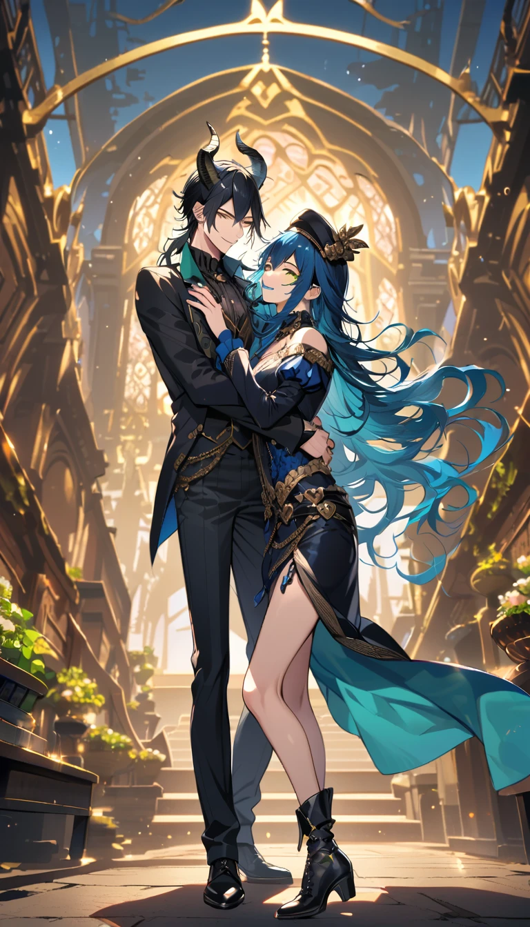 (pieces fly), (highest quality), very detailed, ((two men)), perfect face, beautiful face, very detailed face，full body shot, (black haired man:1.3)，(blue haired man:1.3)，suit，shirt，smile，flower, (1st boy,Idia Shroud, bishounen, boy, male, extremely long hair, blue hair, blue fire hair, wavy hair, yellow eyes, tired expression, blue lips, handsome, skinny, geeky, blue glow, shark teeth,) (2nd boy, malleus draconia \(twisted wonderland\) horns, bishounen, boy, male, long hair, black hair, yellow green eyes, smile, gray lips, handsome, skinny, tall, yellow green glow,)  Two men are hugging each,