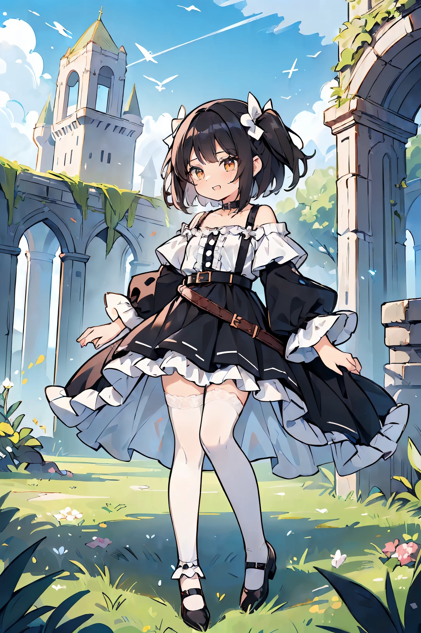 1 girl, solo, full body, standing, background with((fantasy world, ruins, fort, beautiful sky, shining sky, sunshine, castle:1.55)), girl with(((medium hair, long hair, one side up:1.55), (perfect hands, five fingers:1.55), (camisoles, suspenders, belt, blue clothes, cross, choker, collarbone, dress, wind blowing dress, lace dress, frills camisoles, off-shoulder sleeves, half-sleeves, black pumps, black footwear:1.55), ((white legwear, single legwear:1.55)))