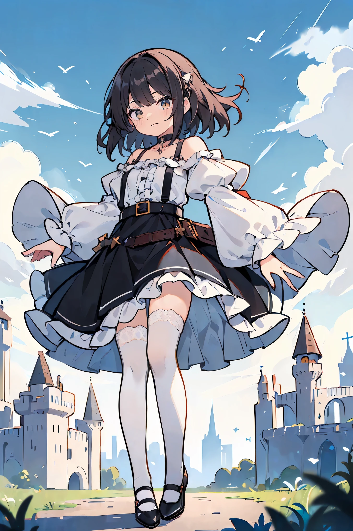 1 girl, solo, full body, standing, background with((fantasy world, ruins, fort, beautiful sky, shining sky, sunshine, castle:1.55)), girl with(((medium hair, long hair, one side up:1.55), (perfect hands, five fingers:1.55), (camisoles, suspenders, belt, blue clothes, cross, choker, collarbone, dress, wind blowing dress, lace dress, frills camisoles, off-shoulder sleeves, half-sleeves, black pumps, black footwear:1.55), ((white legwear, single legwear:1.55)))