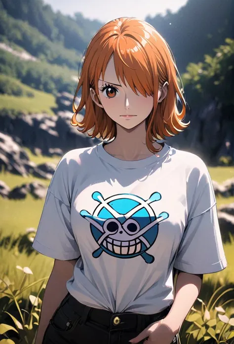 masterpiece, best quality), intricate details, 1 girl, woman, orange hair, nami \ (one piece\), (short hair) (side bangs) shirt,...