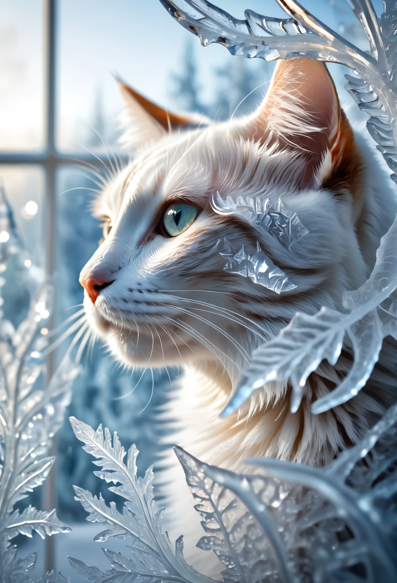 Macro shot, frost crystals on windowpane, intricate geometric patterns, slumbering cat in sharp focus foreground, soft fur contrasts with crystalline structures, ethereal light diffuses through ice formations, sleep tranquil, serene domestic setting, ultra fine details, digital photography, high resolution.
