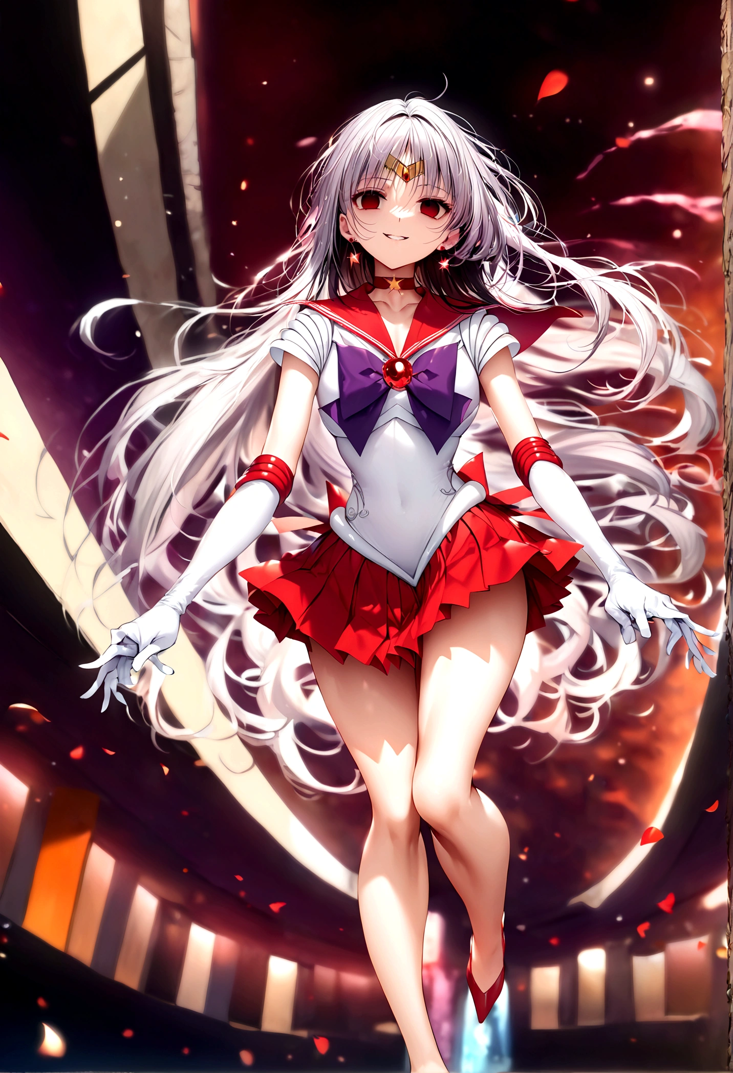 (masterpiece, Highest quality, so beautiful, Super detailed), Intricate details, 12k, Honestly, red eyes, Raamars, long hair, black hair, tiara, earrings, red choker, red sailor collar, purple bowtie, white shirt, elbow gloves, white gloves, pleated skirt, red skirt, bare legsAre standing, (full body:1.4),,(evil smile:1.2), 1girl,(Silver Hair:1.4),(empty eyes,:1.4),from below,looking dawn,dark aura,View your viewers