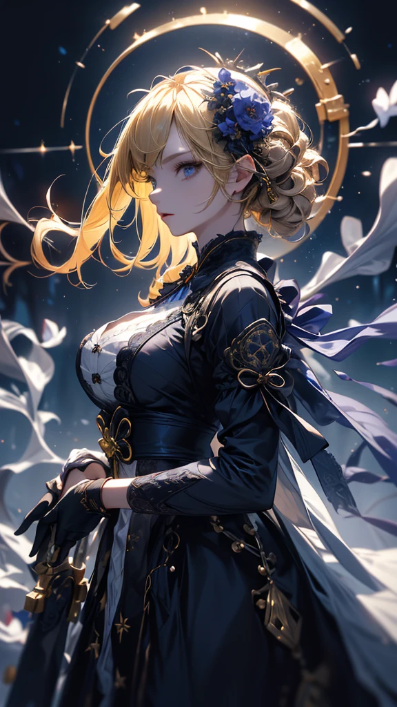 masterpiece, high quality, 4K, Beautiful design, silhouette，blonde， 非常に詳細な夜のStarry Sky,Flower Field， wonderful, Finer details,  Very knowledgeable woman, Highly detailed solo, 1 female,Big Breasts，Gothic Lolita Fashion，Night view，Starry Sky，full moon，