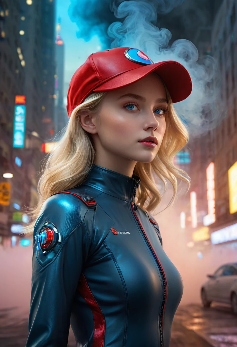 perfect, blue-eyed blonde girl, her hair looks almost real in her fluid illustration style. The girl's human anatomy is depicted with delicate precision, showing her elegant posture and graceful features. She has a full red cap on her head, with a lot of shine and cinematic lighting on the front of the cap (front), intricate details of the girl's hair and facial features, digital art, winner of the Artstation contest, imagine fx, in a futuristic city with colorful smoke and fog, high quality, side view, (full uncropped image)