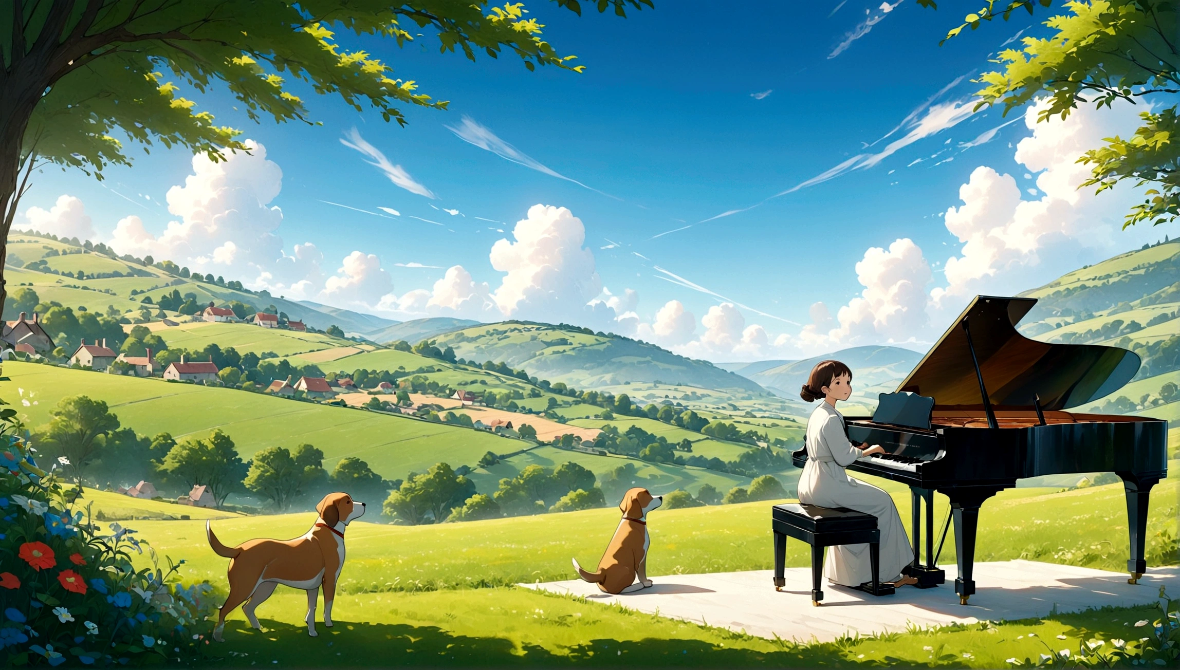 In the style of Studio Ghibli、Create an image of a dog sitting on a chair playing a grand piano in a beautiful countryside setting。. near, Human baby relaxing, Enjoy a peaceful environment. The scene has、It must contain rolling hills and other picturesque rural elements。, Clear blue sky, Lush greenery. The overall atmosphere should be whimsical and calm., Captivating the essence of happiness and serenity, Idyllic countryside.