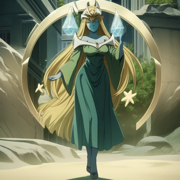 mysticalygo, mystical elf, smile, friendly look, medium breasts, eyes closed, green dress, long skirt, full body view, large sleeves, blue skin, blonde hair, long hair, Yugioh, standing, beach