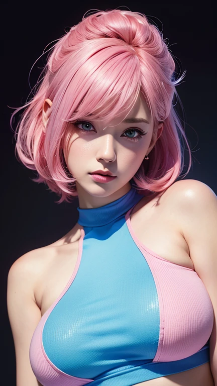 A aux cheveux roses portant un crop top bleu court, portrait de fille,  style artistique réaliste, Art détaillé 8k de haute qualité, belle œuvre d&#39;art numérique, fille Rose, animé coloré, portrait réaliste kawaii ,beaux seins affaissés, Des seins énormes, silhouette séduisante, photo du corps entier ,Haut du corps, poses dynamiques ,fond dégradé rose