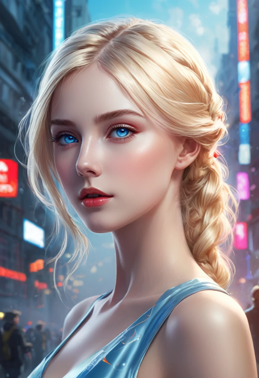 parfait, fille blonde aux yeux bleus, ses cheveux semblent presque réels dans son style d&#39;illustration fluide. L&#39;anatomie humaine de la jeune fille est représentée avec une précision délicate, montrant sa posture élégante et ses traits gracieux. Elle a une casquette rouge sur la tête, with a lot of shine and cinematic lighting on the devant of the cap (devant), détails complexes des cheveux et des traits du visage de la jeune fille, art numérique, gagnant du concours Artstation, imaginer fx, dans une ville futuriste avec de la fumée et du brouillard colorés, Haute qualité, vue de côté, (image complète non recadrée)